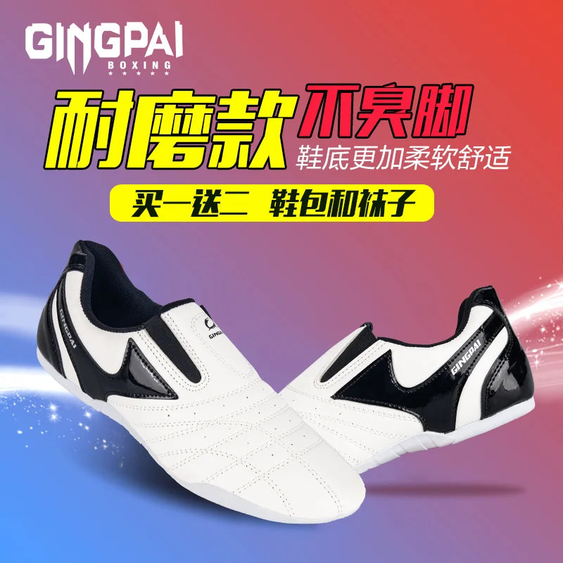 GINGPAI - Zapatos de Taekwondo transpirables con tiras blancas, zapatillas de artes marciales para niños, calzado deportivo para entrenamiento profesional y competición