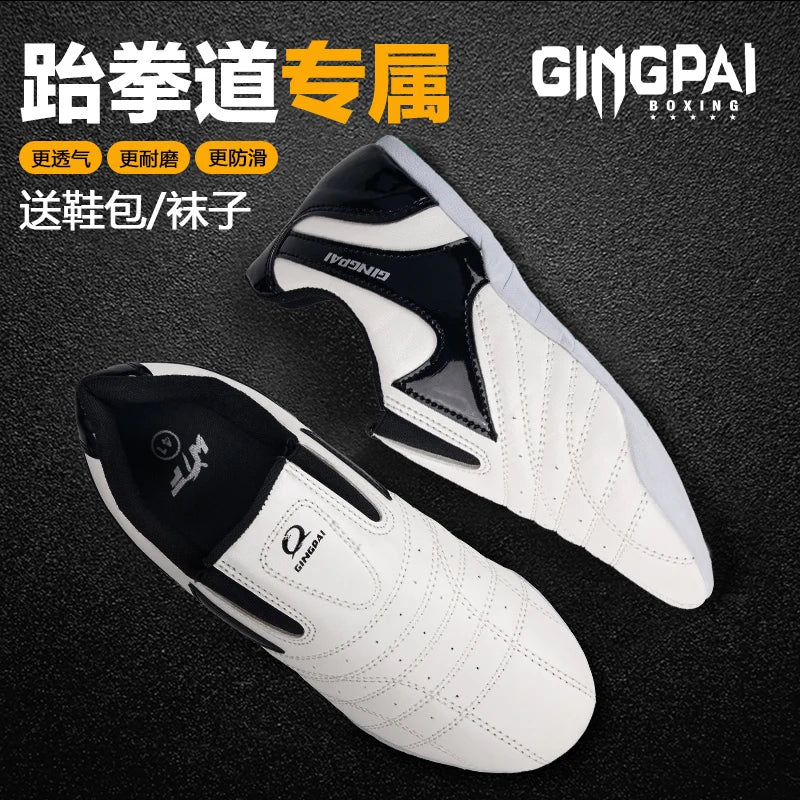 GINGPAI - Zapatos de Taekwondo transpirables con tiras blancas, zapatillas de artes marciales para niños, calzado deportivo para entrenamiento profesional y competición