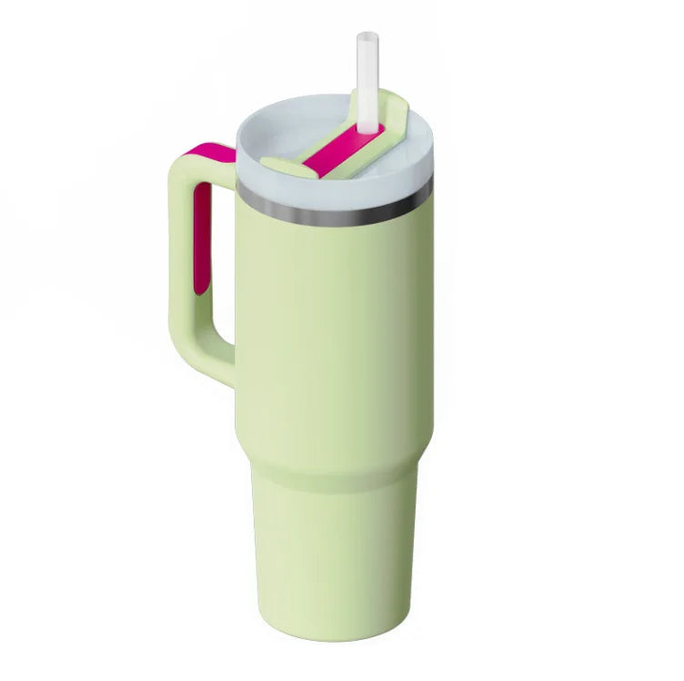 Vaso térmico de 40 oz con asa y pajita blanca - Vasos de acero inoxidable para exteriores, vaso de agua para coche, 13 opciones de color (menta, rosa, blanco y negro)