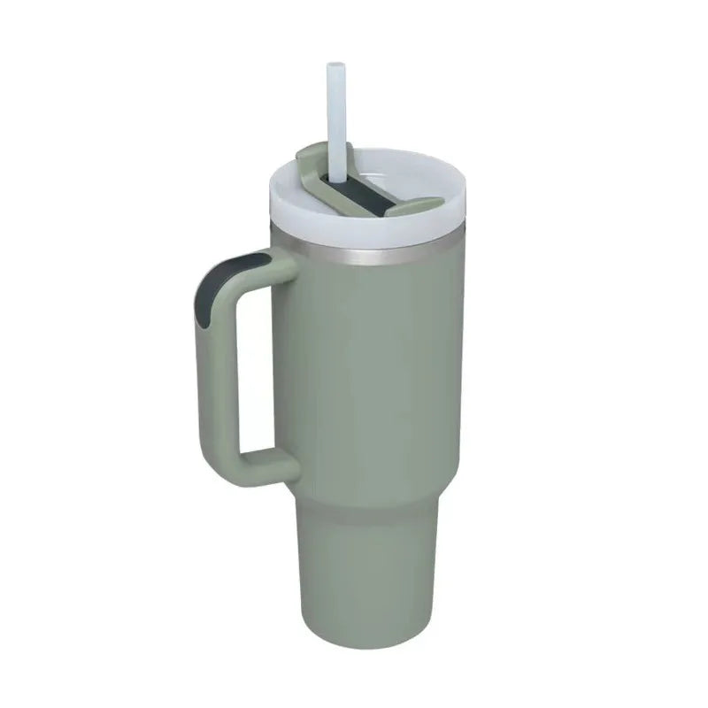 Vaso térmico de 40 oz con asa y pajita blanca - Vasos de acero inoxidable para exteriores, vaso de agua para coche, 13 opciones de color (menta, rosa, blanco y negro)
