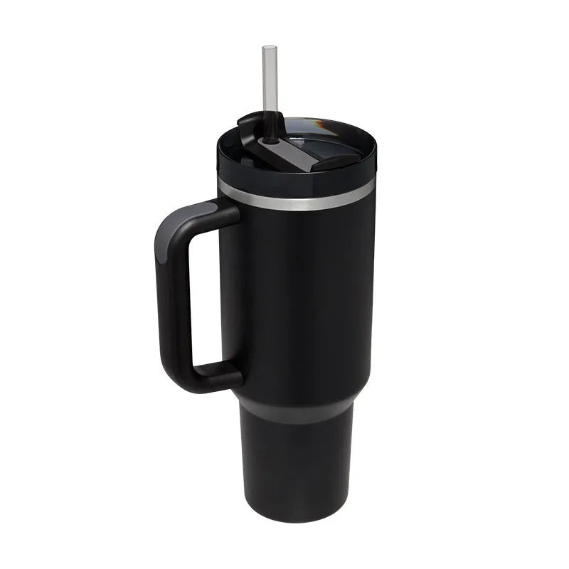 Vaso térmico de 40 oz con asa y pajita blanca - Vasos de acero inoxidable para exteriores, vaso de agua para coche, 13 opciones de color (menta, rosa, blanco y negro)