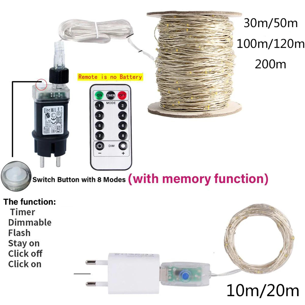 Guirnalda de luces LED de 100 m para exteriores, ideal para Navidad, Año Nuevo, bodas, fiestas, terrazas, camping, decoración de árboles de Navidad.