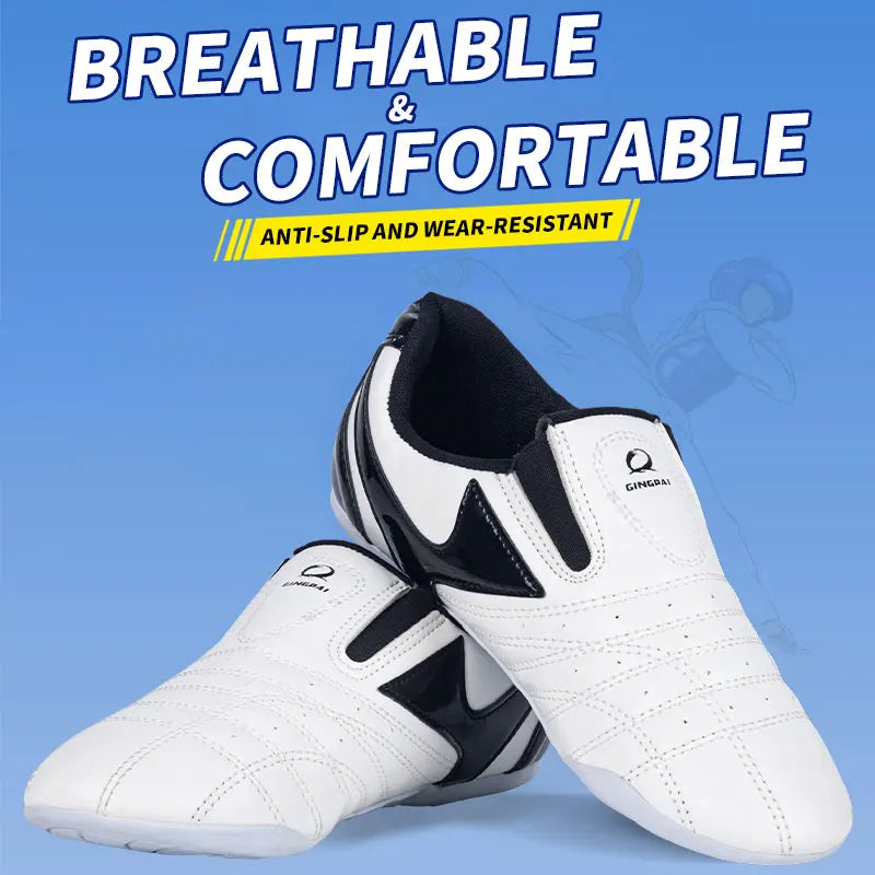 GINGPAI - Zapatos de Taekwondo transpirables con tiras blancas, zapatillas de artes marciales para niños, calzado deportivo para entrenamiento profesional y competición