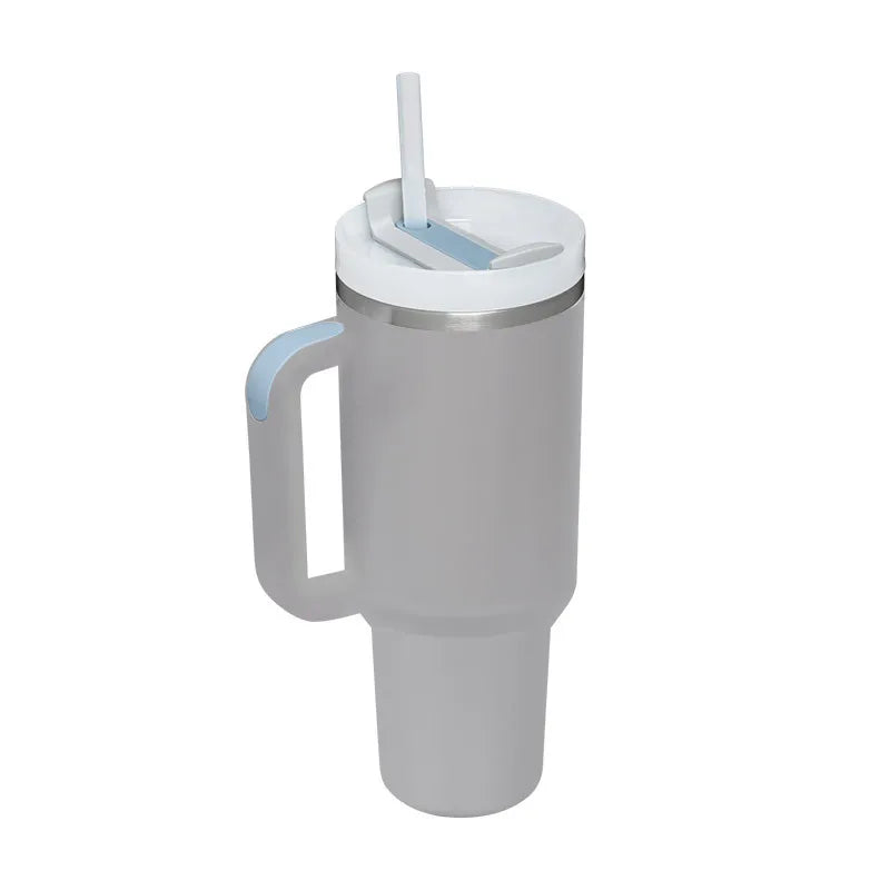 Vaso térmico de 40 oz con asa y pajita blanca - Vasos de acero inoxidable para exteriores, vaso de agua para coche, 13 opciones de color (menta, rosa, blanco y negro)