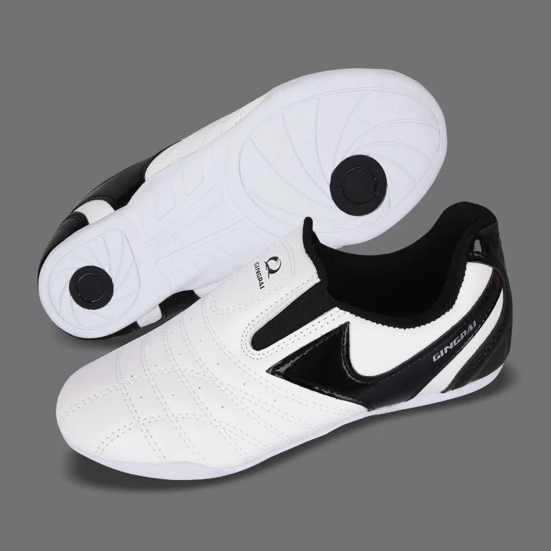 GINGPAI - Zapatos de Taekwondo transpirables con tiras blancas, zapatillas de artes marciales para niños, calzado deportivo para entrenamiento profesional y competición