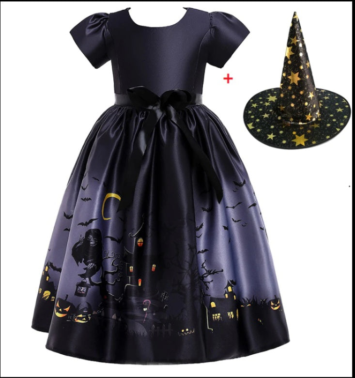 Vestido de princesa de Halloween con malla estampada de Halloween