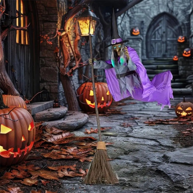 Decoración de bruja voladora de Halloween, fantasma de Halloween, animatrónicos aterradores para exteriores, accesorios de Halloween con sonido aterrador
