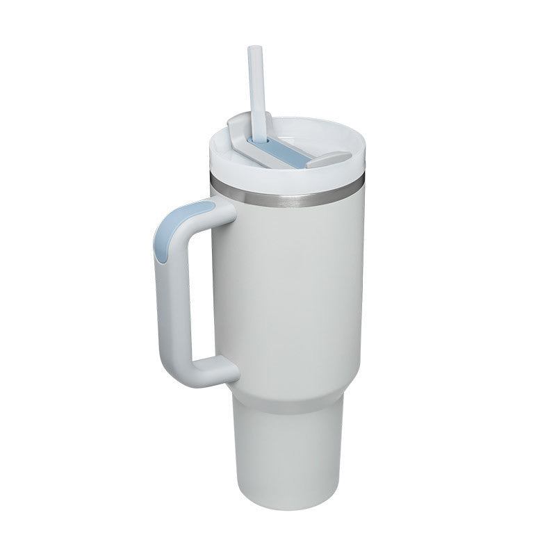 Vaso de 40 oz con asa, pajita aislante, de acero inoxidable, a prueba de derrames, taza de café al vacío con tapa, taza cónica.