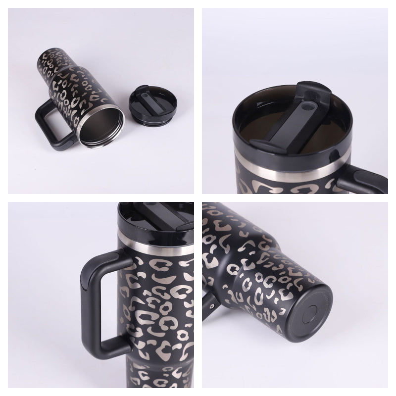 Vaso de 40 oz con asa, pajita aislante, de acero inoxidable, a prueba de derrames, taza de café al vacío con tapa, taza cónica.