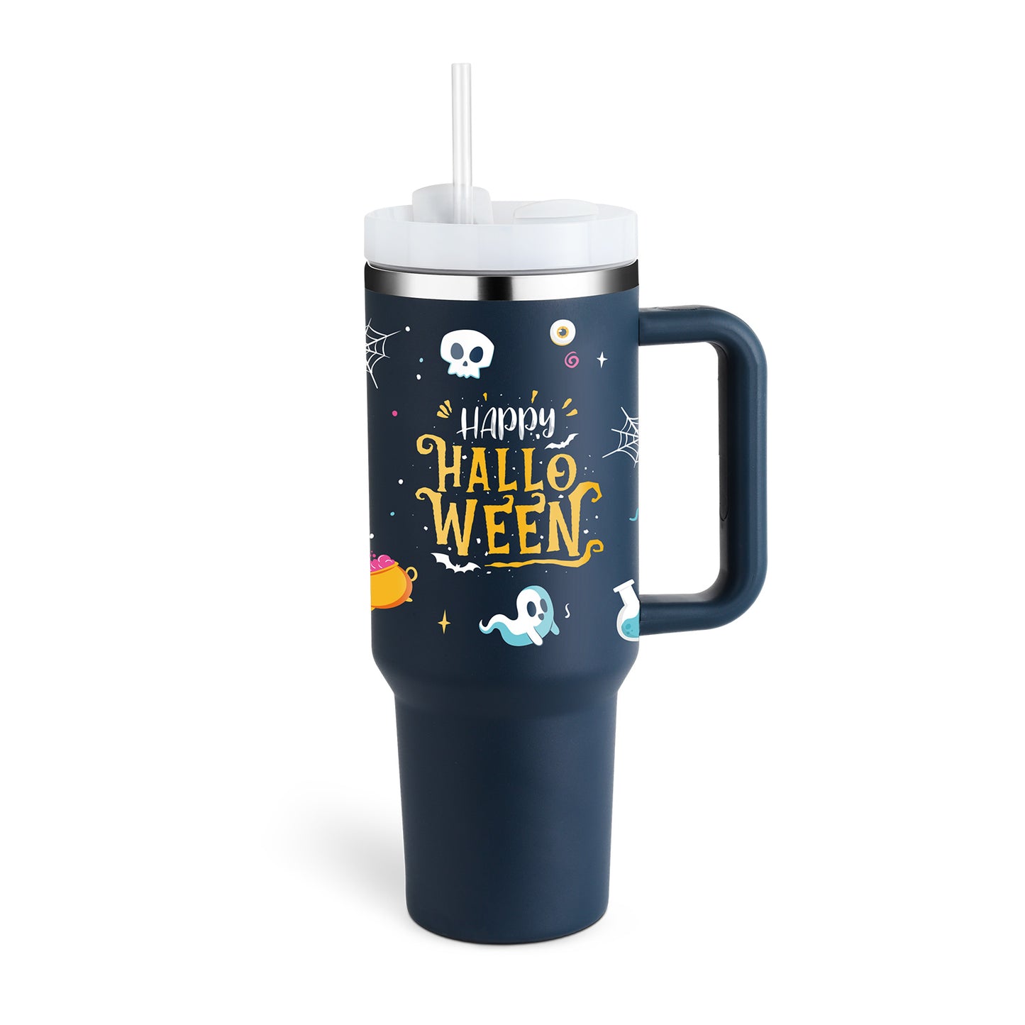 Vaso de 40 oz con asa, pajita aislante, de acero inoxidable, a prueba de derrames, taza de café al vacío con tapa, taza cónica.
