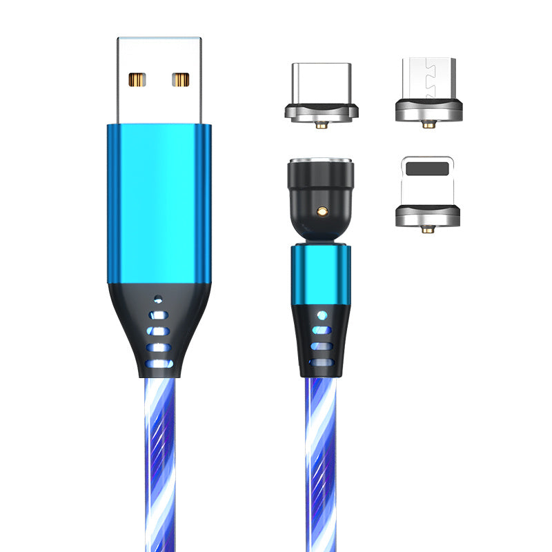 Cable magnético luminoso giratorio 540, carga rápida de 3 A, para teléfono móvil, cable micro USB tipo C para iPhone.