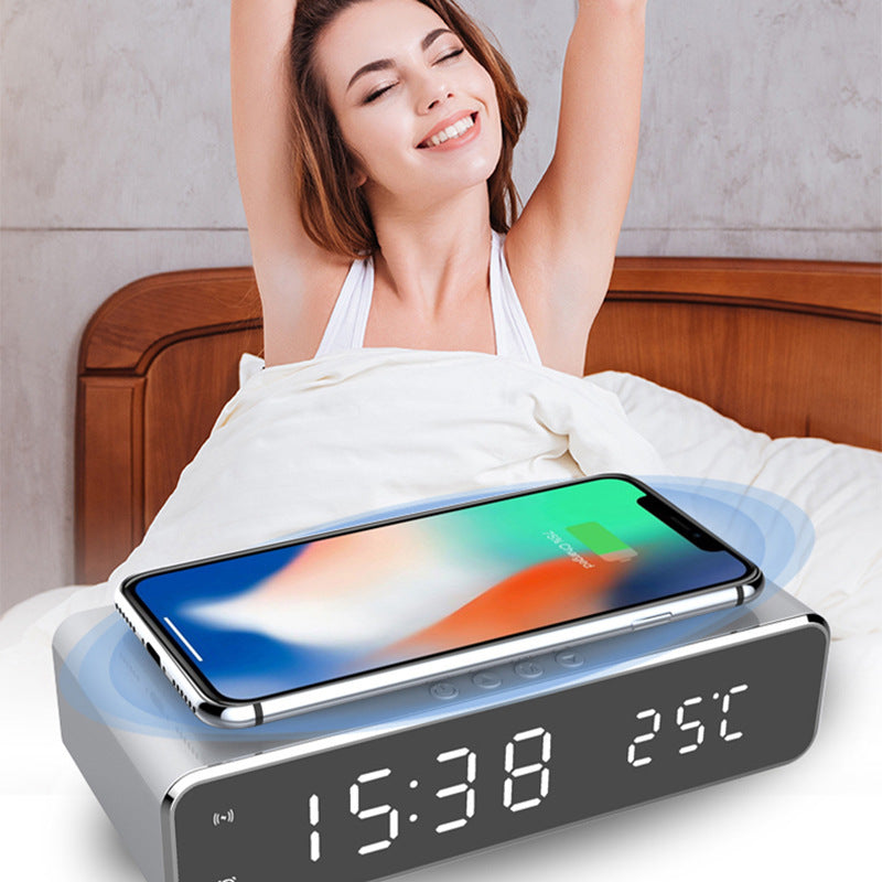 Reloj despertador eléctrico LED con cargador inalámbrico, reloj despertador digital, termómetro, reloj de espejo HD