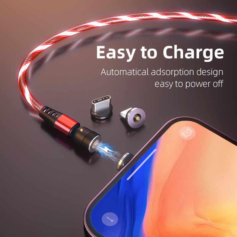 Cable magnético luminoso giratorio 540, carga rápida de 3 A, para teléfono móvil, cable micro USB tipo C para iPhone.