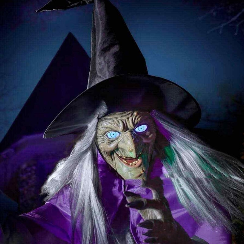 Decoración de bruja voladora de Halloween, fantasma de Halloween, animatrónicos aterradores para exteriores, accesorios de Halloween con sonido aterrador