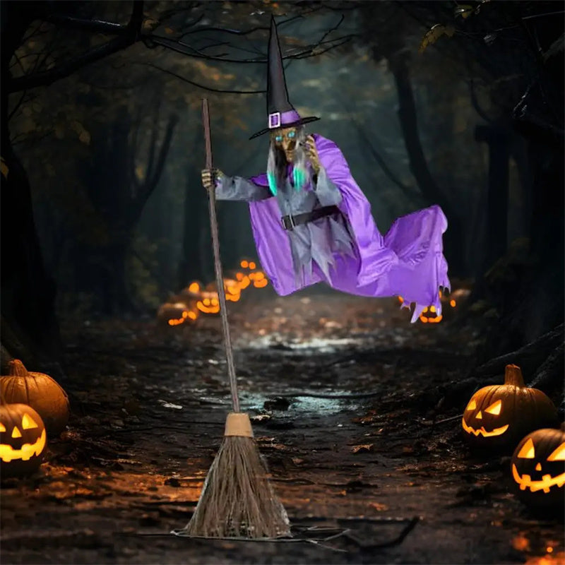 Decoración de bruja voladora de Halloween, fantasma de Halloween, animatrónicos aterradores para exteriores, accesorios de Halloween con sonido aterrador