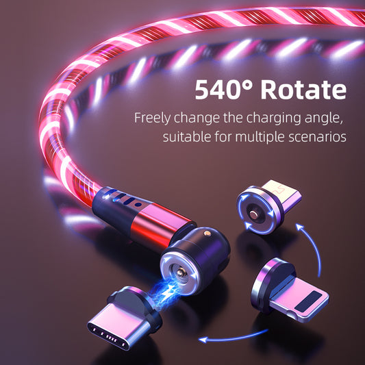 Cable magnético luminoso giratorio 540, carga rápida de 3 A, para teléfono móvil, cable micro USB tipo C para iPhone.