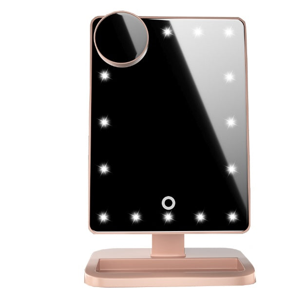 Espejo de maquillaje con pantalla táctil y 20 luces LED, altavoz Bluetooth y luz de aumento de 10 aumentos.