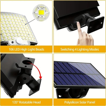 2PCS Solar Lights Outdooor  4 Modes 106LED Solar Security Lights  Waterproof Solar Motion Light null
