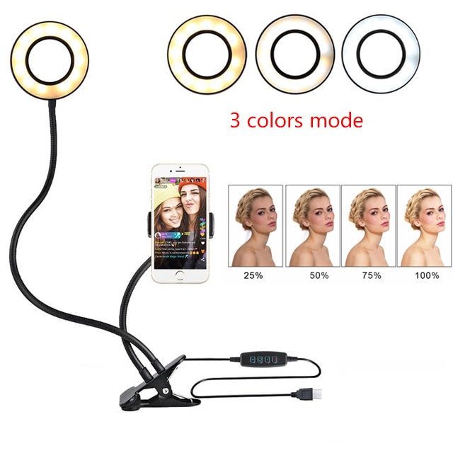 Anillo de luz LED para selfies, luz de maquillaje ajustable en vivo, soporte de 8 cm