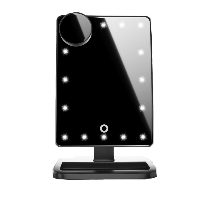 Espejo de maquillaje con pantalla táctil y 20 luces LED, altavoz Bluetooth y luz de aumento de 10 aumentos.