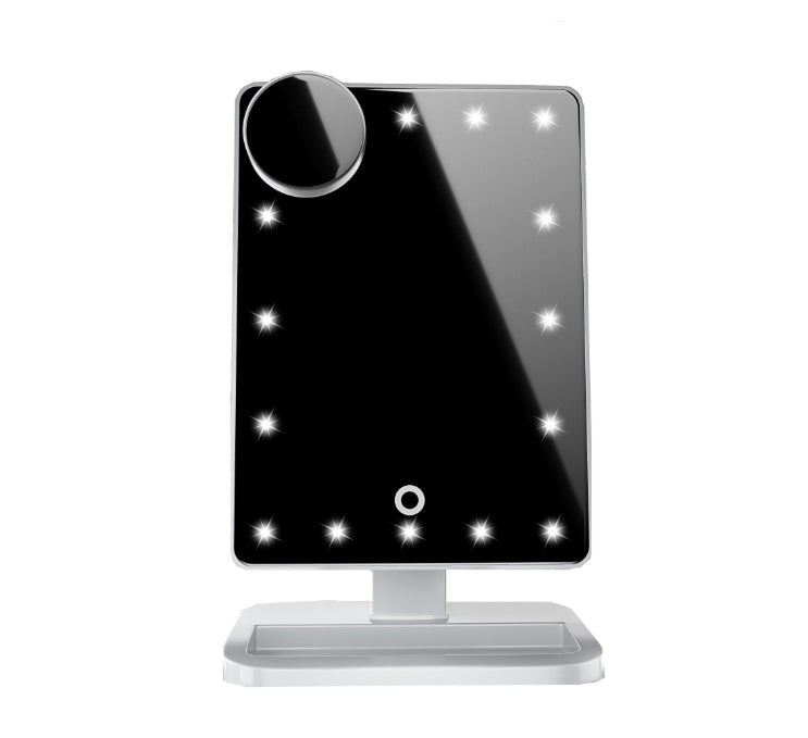 Espejo de maquillaje con pantalla táctil y 20 luces LED, altavoz Bluetooth y luz de aumento de 10 aumentos.