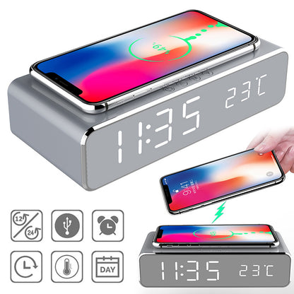 Reloj despertador eléctrico LED con cargador inalámbrico, reloj despertador digital, termómetro, reloj de espejo HD