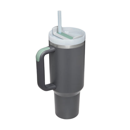 Vaso de 40 oz con asa, pajita aislante, de acero inoxidable, a prueba de derrames, taza de café al vacío con tapa, taza cónica.