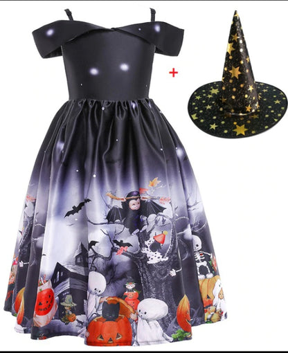Vestido de princesa de Halloween con malla estampada de Halloween