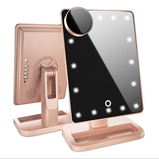Espejo de maquillaje con pantalla táctil y 20 luces LED, altavoz Bluetooth y luz de aumento de 10 aumentos.