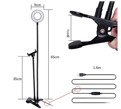Anillo de luz LED para selfies, luz de maquillaje ajustable en vivo, soporte de 8 cm