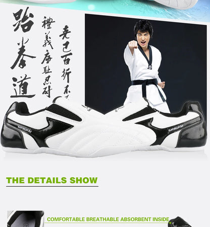 GINGPAI - Zapatos de Taekwondo transpirables con tiras blancas, zapatillas de artes marciales para niños, calzado deportivo para entrenamiento profesional y competición