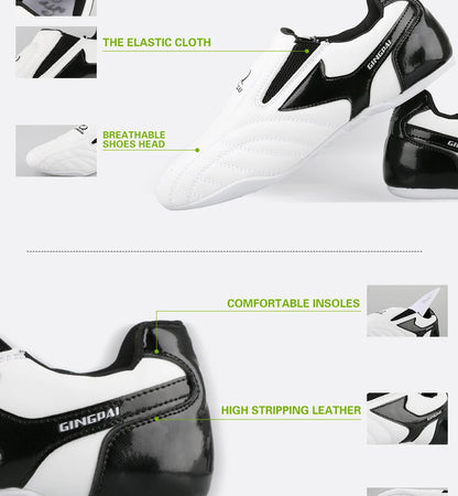 GINGPAI - Zapatos de Taekwondo transpirables con tiras blancas, zapatillas de artes marciales para niños, calzado deportivo para entrenamiento profesional y competición