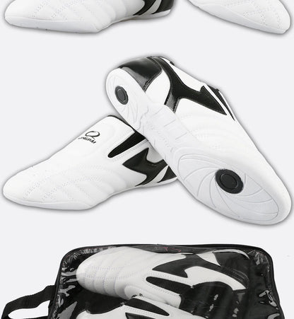 GINGPAI - Zapatos de Taekwondo transpirables con tiras blancas, zapatillas de artes marciales para niños, calzado deportivo para entrenamiento profesional y competición