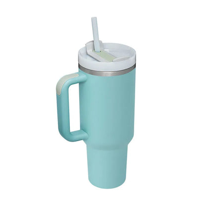 Vaso térmico de 40 oz con asa y pajita blanca - Vasos de acero inoxidable para exteriores, vaso de agua para coche, 13 opciones de color (menta, rosa, blanco y negro)