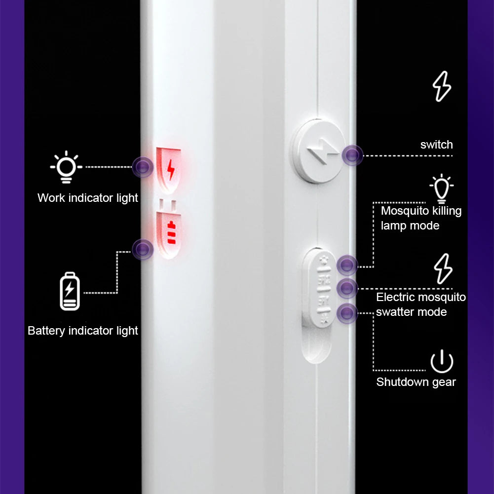 Matamoscas eléctrico de mano de 3000 V, 2 en 1, con lámpara antimosquitos recargable por USB, control de plagas.