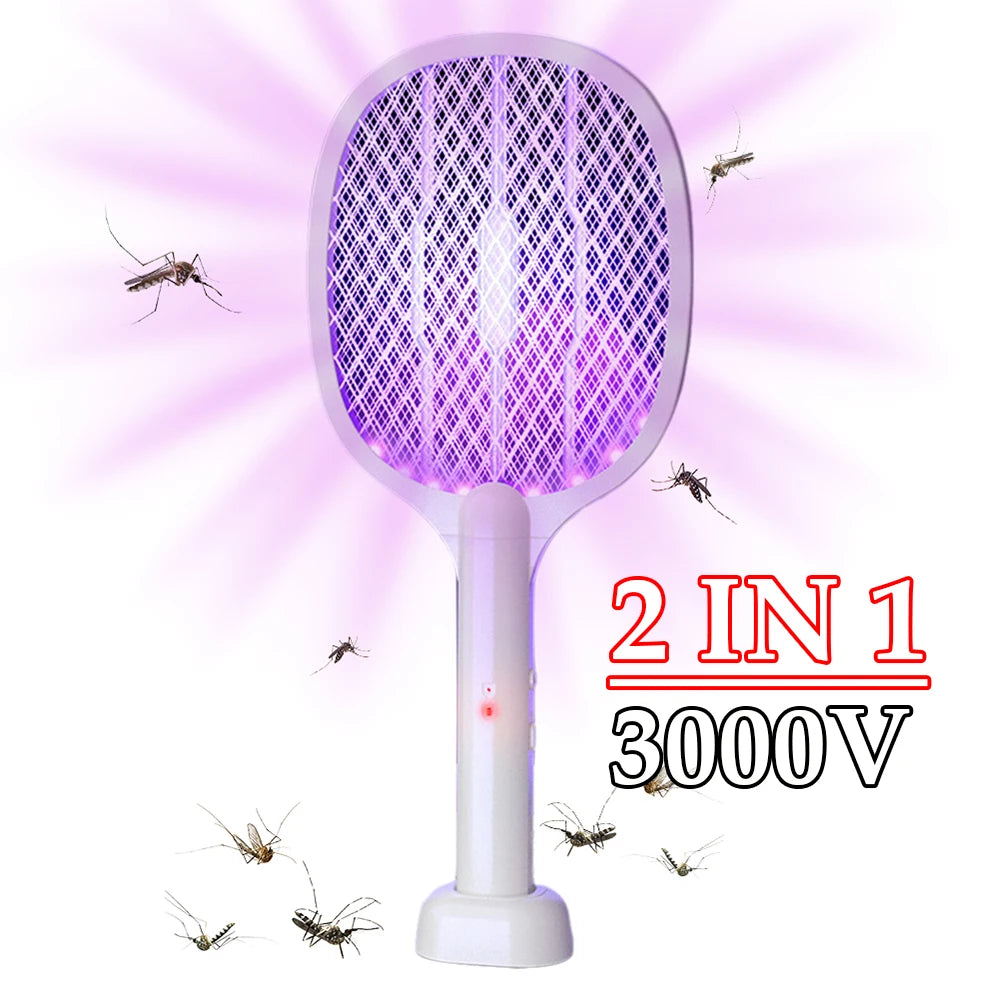 Matamoscas eléctrico de mano de 3000 V, 2 en 1, con lámpara antimosquitos recargable por USB, control de plagas.