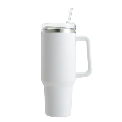 Vaso térmico de 40 oz con asa y pajita blanca - Vasos de acero inoxidable para exteriores, vaso de agua para coche, 13 opciones de color (menta, rosa, blanco y negro)