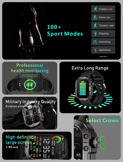 LAXASFIT 2025 - Reloj inteligente militar resistente para hombre, para exteriores, pantalla táctil HD de 2,01", llamadas de voz y Bluetooth