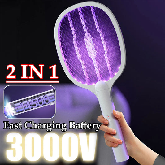 Matamoscas eléctrico de mano de 3000 V, 2 en 1, con lámpara antimosquitos recargable por USB, control de plagas.