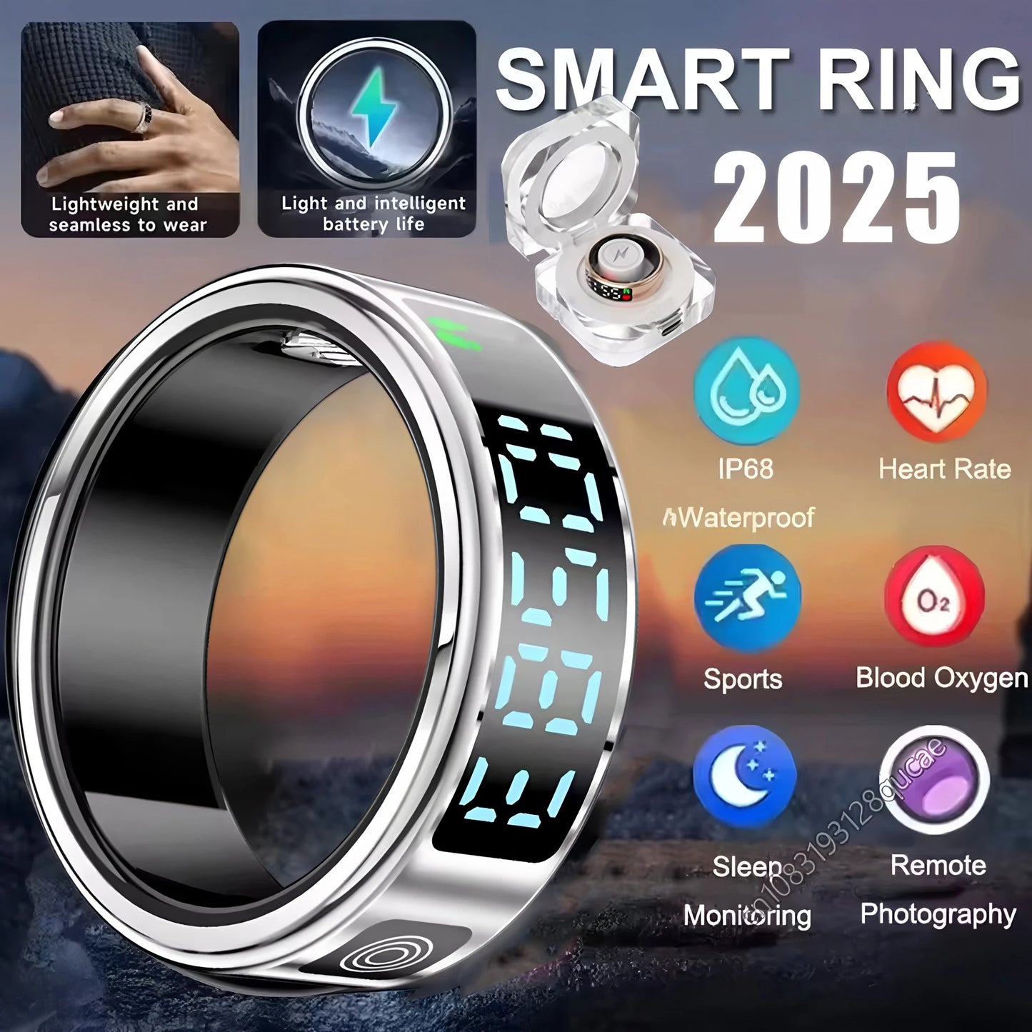Anillo inteligente R12 2025 con pantalla táctil, carga inalámbrica, control de salud, resistente al agua hasta 5 ATM, para hombres y mujeres.
