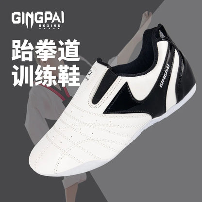 GINGPAI - Zapatos de Taekwondo transpirables con tiras blancas, zapatillas de artes marciales para niños, calzado deportivo para entrenamiento profesional y competición