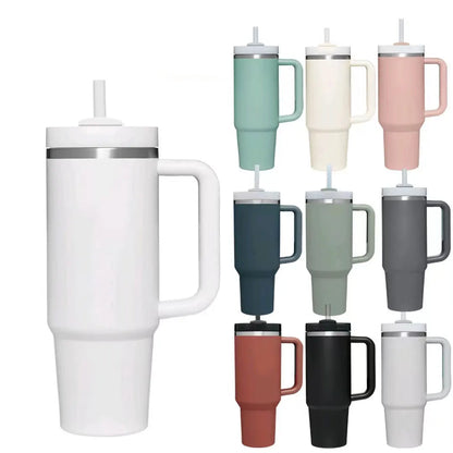 Vaso térmico de 40 oz con asa y pajita blanca - Vasos de acero inoxidable para exteriores, vaso de agua para coche, 13 opciones de color (menta, rosa, blanco y negro)