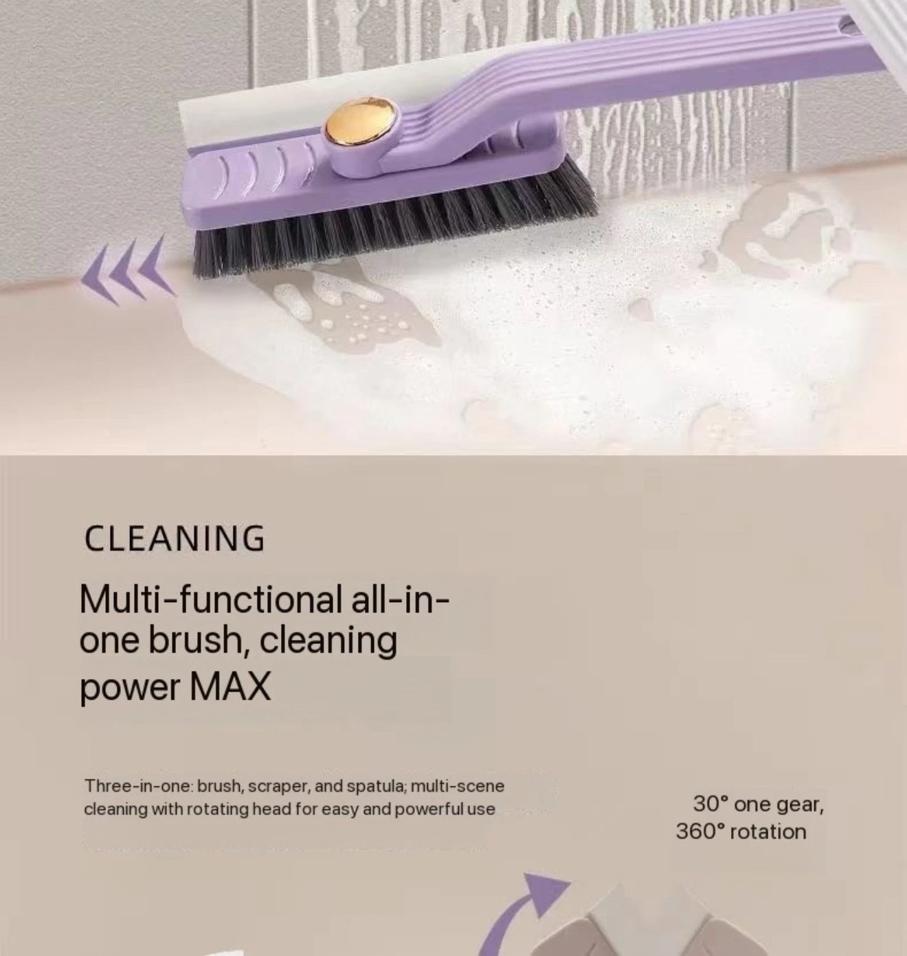 Cepillo multiusos para limpiar azulejos, con cerdas duras y rotación de 360°, ideal para suelos y paredes de baño y cocina.