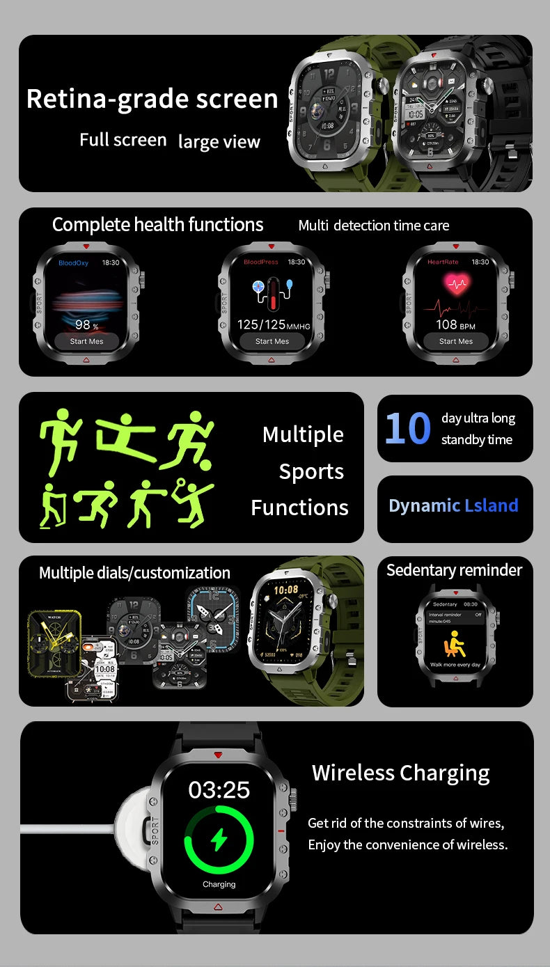 LAXASFIT 2025 - Reloj inteligente militar resistente para hombre, para exteriores, pantalla táctil HD de 2,01", llamadas de voz y Bluetooth