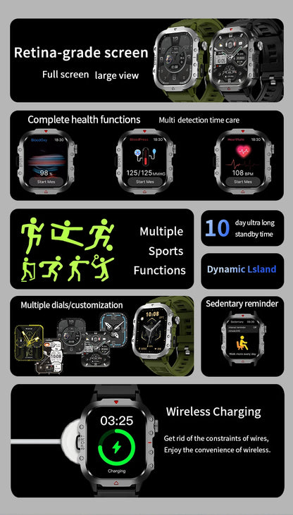 LAXASFIT 2025 - Reloj inteligente militar resistente para hombre, para exteriores, pantalla táctil HD de 2,01", llamadas de voz y Bluetooth