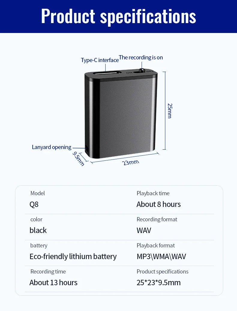 Mini grabadora de voz portátil inteligente, grabación de audio activada por voz, grabadora de sonido HD con reducción de ruido, reproductor MP3 con imán OTG
