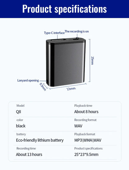 Mini grabadora de voz portátil inteligente, grabación de audio activada por voz, grabadora de sonido HD con reducción de ruido, reproductor MP3 con imán OTG