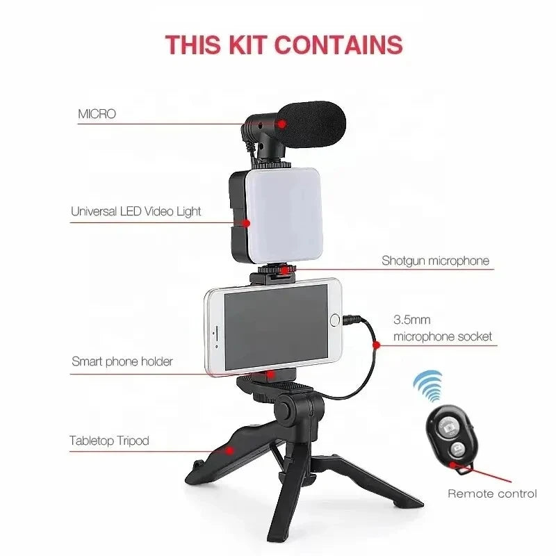 Kit de vlogging para smartphone COOL DIER con trípode, soporte para teléfono, mini micrófono, luz LED de relleno, para TikTok, transmisión en vivo, vídeo y YouTube.