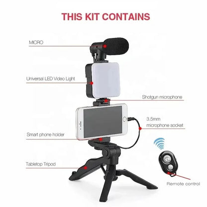 Kit de vlogging para smartphone COOL DIER con trípode, soporte para teléfono, mini micrófono, luz LED de relleno, para TikTok, transmisión en vivo, vídeo y YouTube.