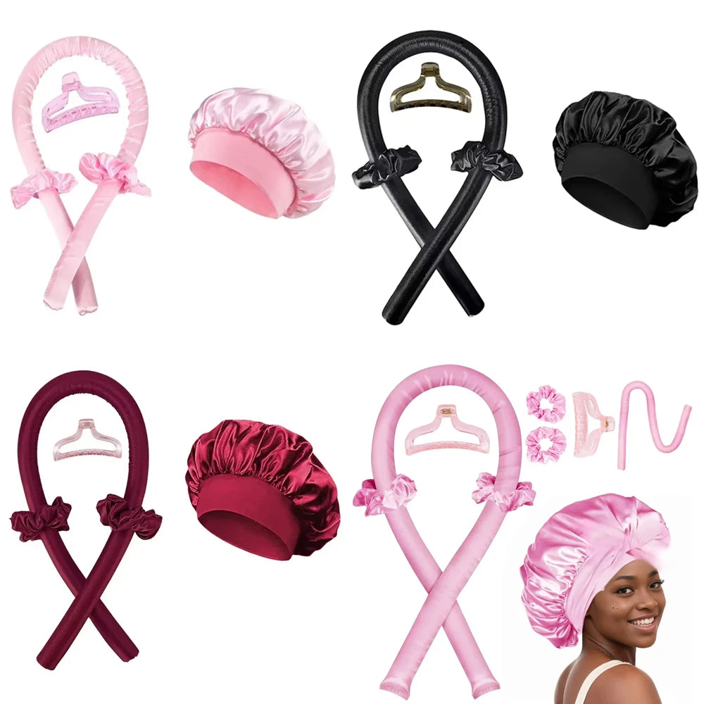 Heatless Curling Rod Satin Silk Sleeping Cap Set Headwrap Natural Curly Hair Long Hair Care Wave Sleeping Curling Styling Tool Selectia